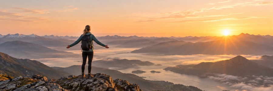 Mujer con los brazos abiertos en la cima de una montaña al amanecer