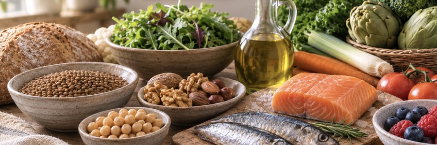 Alimentos frescos de la dietética energética china -verduras, pescado, legumbres y frutos secos- sobre una mesa de madera