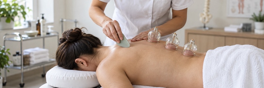 Terapeuta aplicando gua sha y ventosas en la espalda de una persona tumbada en la camilla